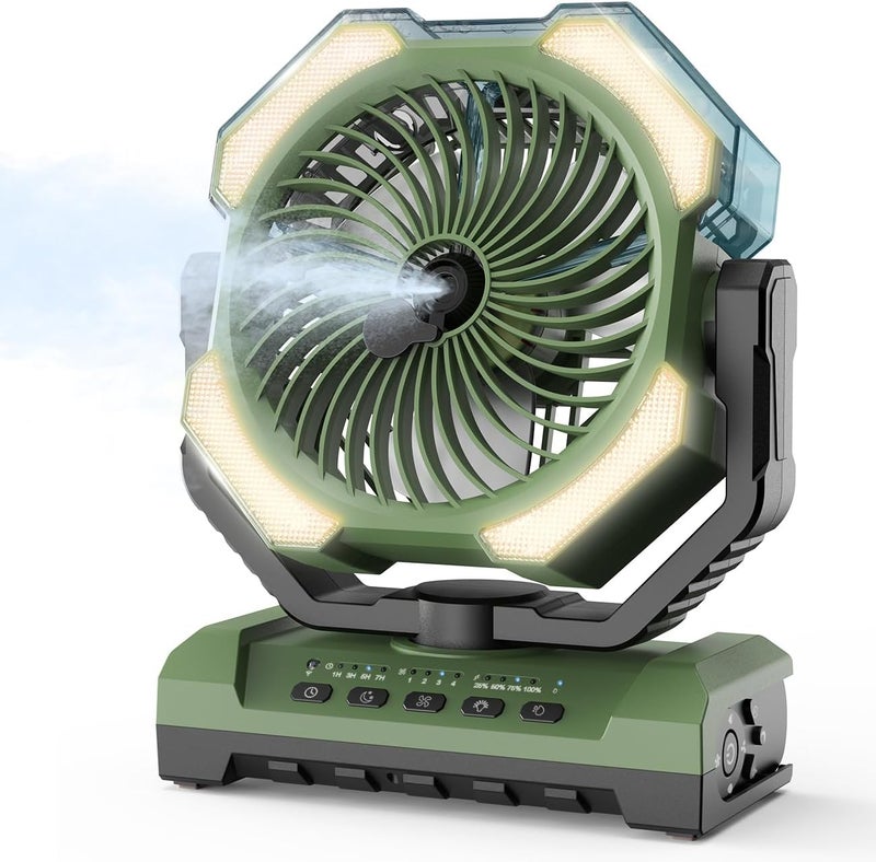Aopircs Camping Misting Fan - Portable Rechargeable Fan with 9oz Tank, Light, Hook - Battery Power 120H MAX Working, Fast Cooling, 4 Speed, Timer, Sleep Mode, for Outdoor, Travel, Patios, Beach - Image 1